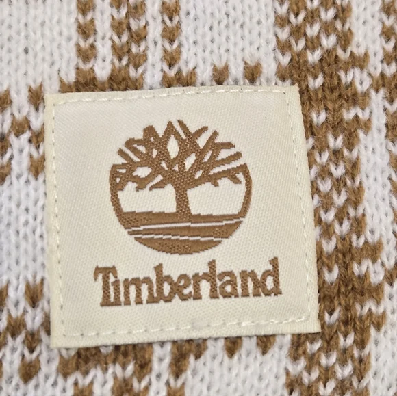 Timberland Buffalo Plaid Knit Scarf Cozy Logo Checkered Tan Cream Cozy OS - Picture 5 of 7